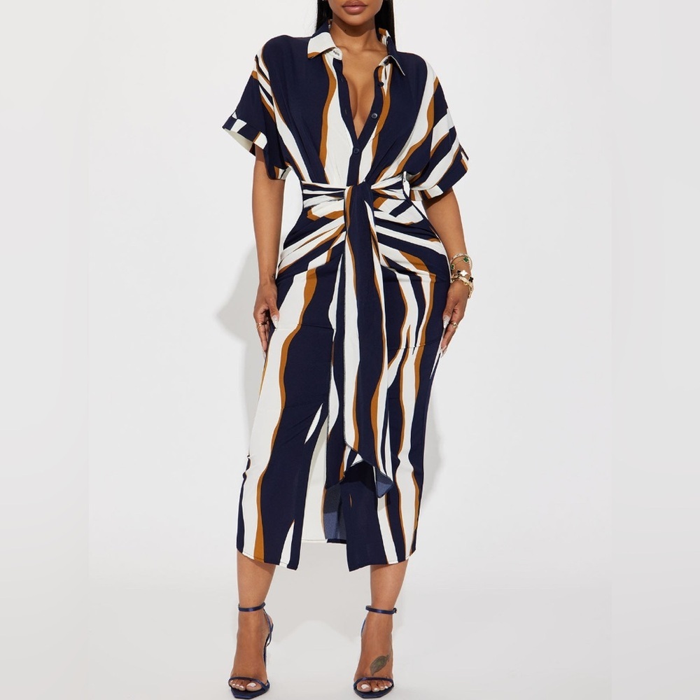 Laurie Button Down  Midi Dress- Navy/Combo